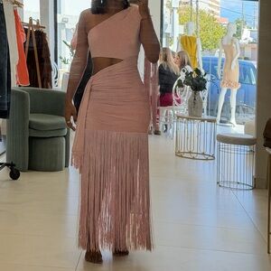Pink One-Shoulder Fringe Dress